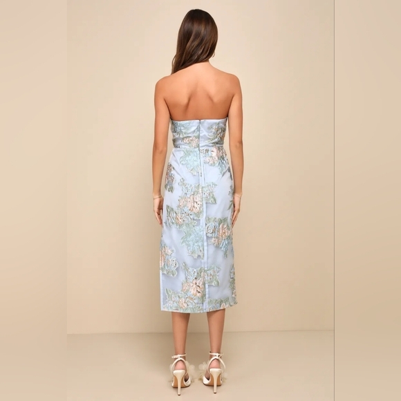 Lulus Upgraded Event Blue Jacquard Strapless Bustier Midi Dress S Wedding Party - Picture 5 of 10